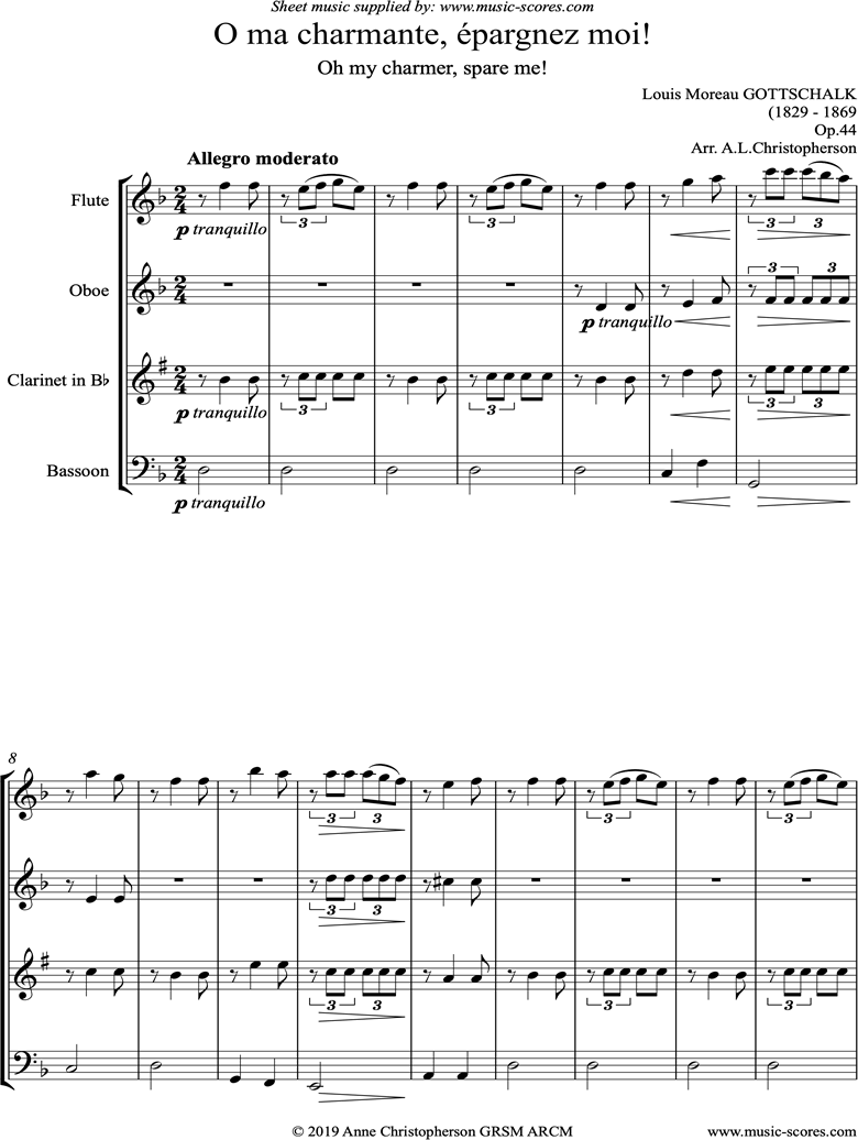 O ma charmante, epargnez moi: Wind Quartet by Gottschalk
