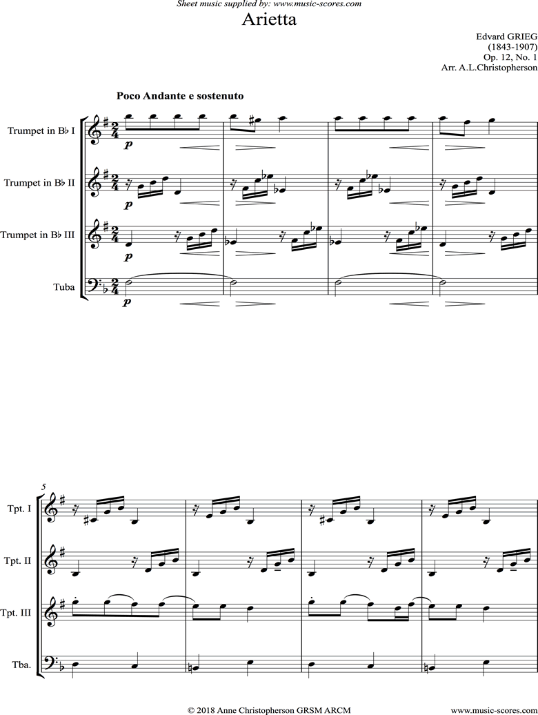 Front page of Op.12, No.1: Arietta: Brass Ensemble sheet music
