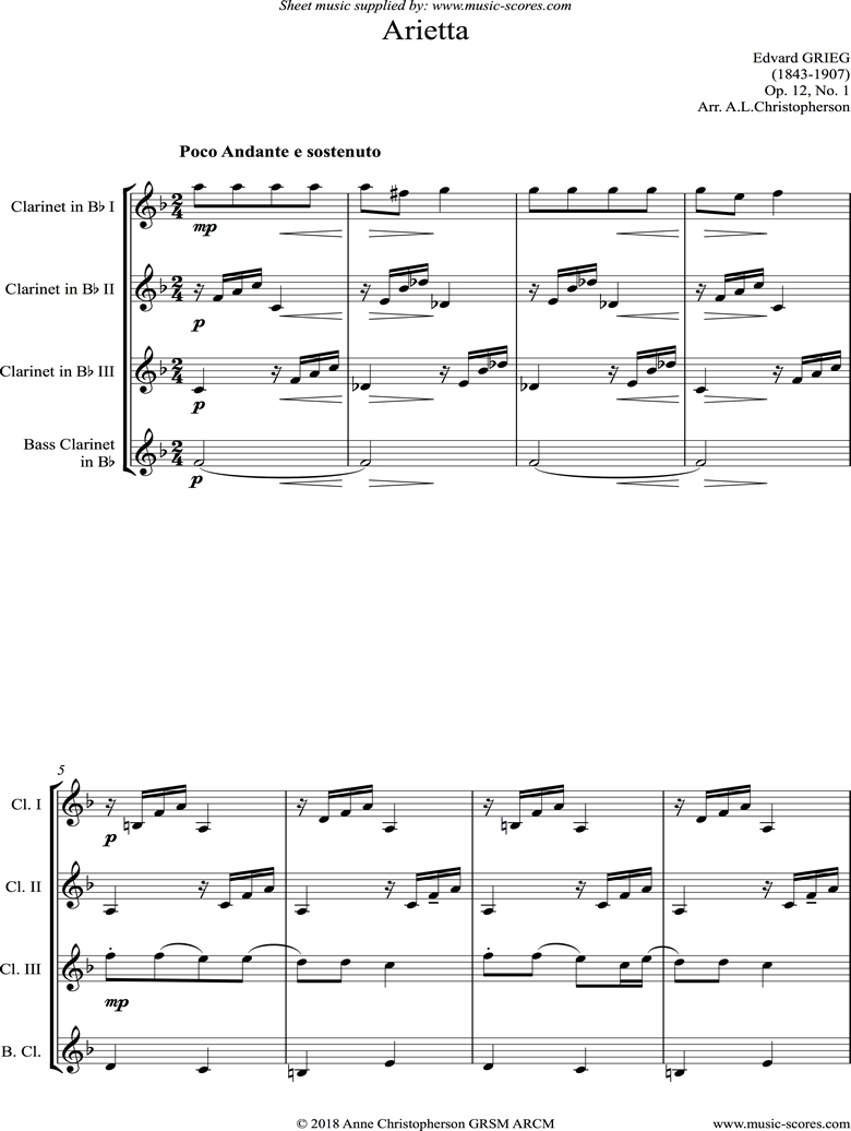 Front page of Op.12, No.1: Arietta: Clarinet ensemble sheet music