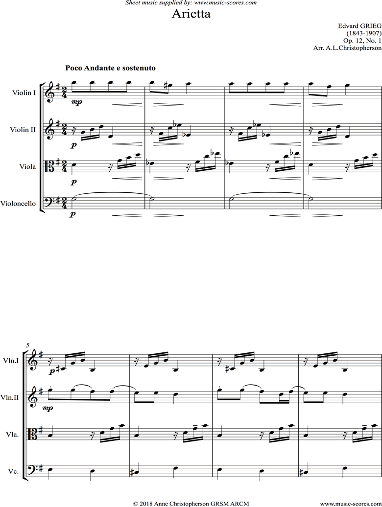 Front page of Op.12, No.1: Arietta: String Quartet sheet music