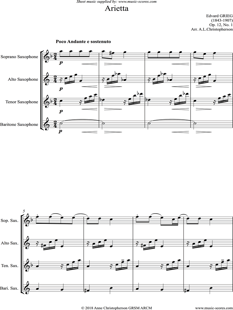 Front page of Op.12, No.1: Arietta: Saxophone Quartet sheet music