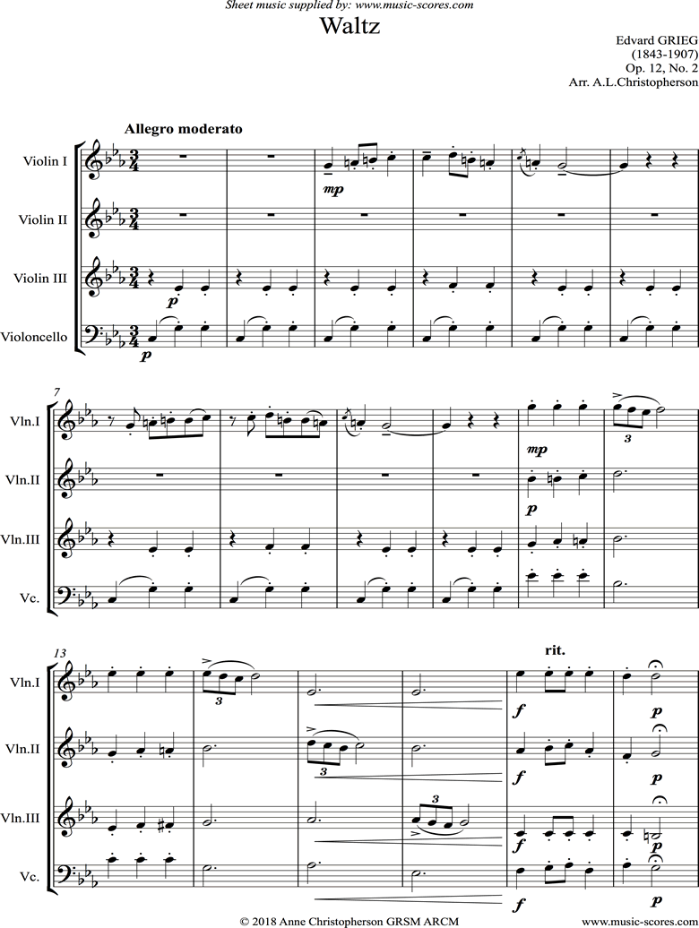 Front page of Op.12, No.2: Waltz: 3Violins, Cello sheet music