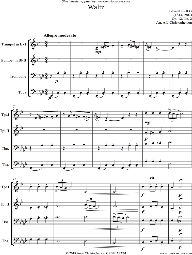 Front page of Op.12, No.2: Waltz: Brass Quartet sheet music