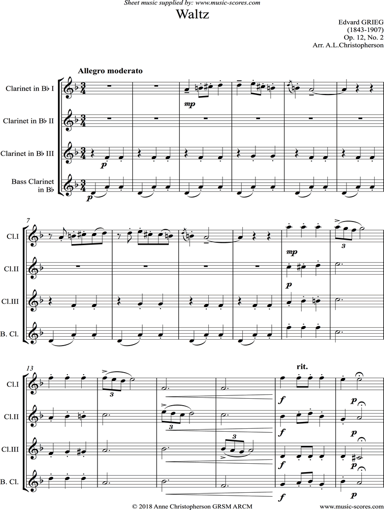 Front page of Op.12, No.2: Waltz: 3 Bb Clarinets, Bass Clarinet sheet music