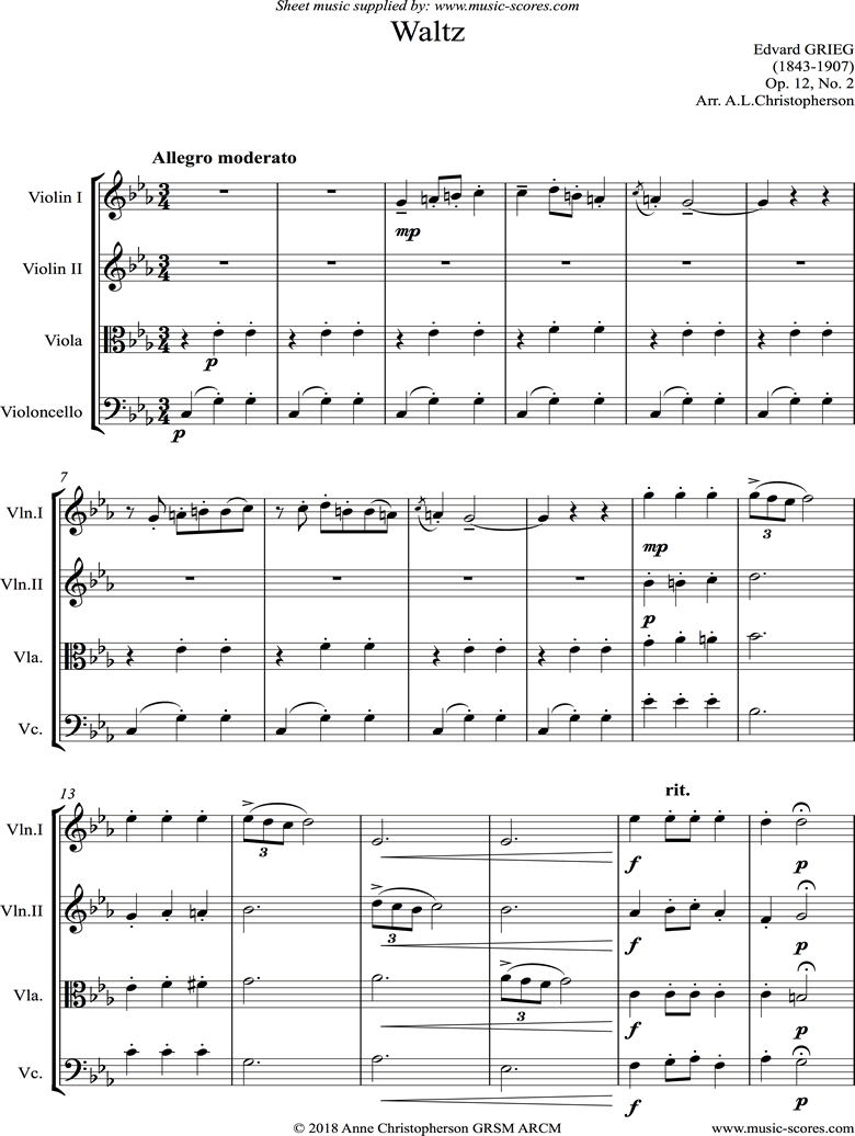 Front page of Op.12, No.2: Waltz: String Quartet sheet music