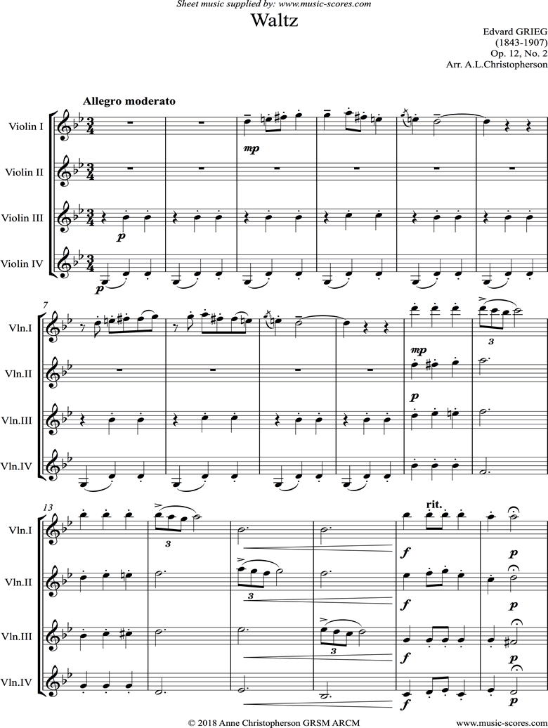 Front page of Op.12, No.2: Waltz: Violin Quartet sheet music