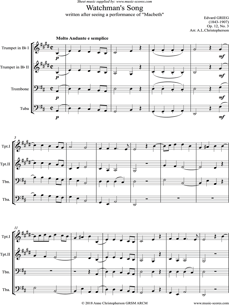 Front page of Op.12, No.3: Watchmans Song: Brass Quartet sheet music