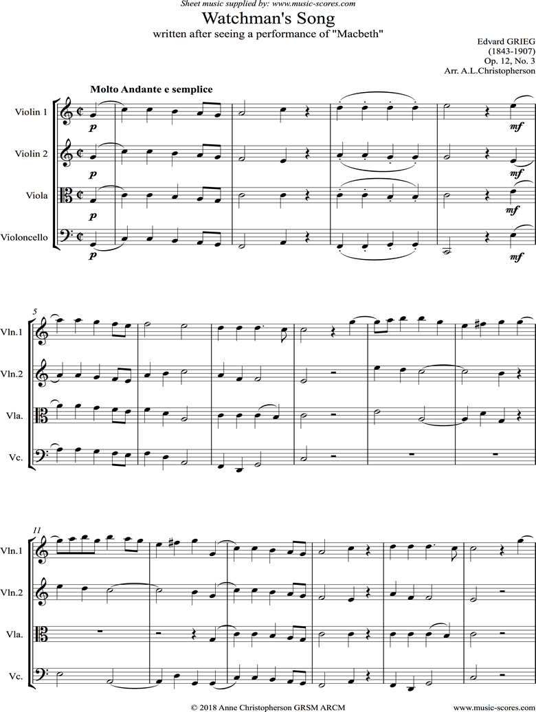 Front page of Op.12, No.3: Watchmans Song: String Quartet sheet music