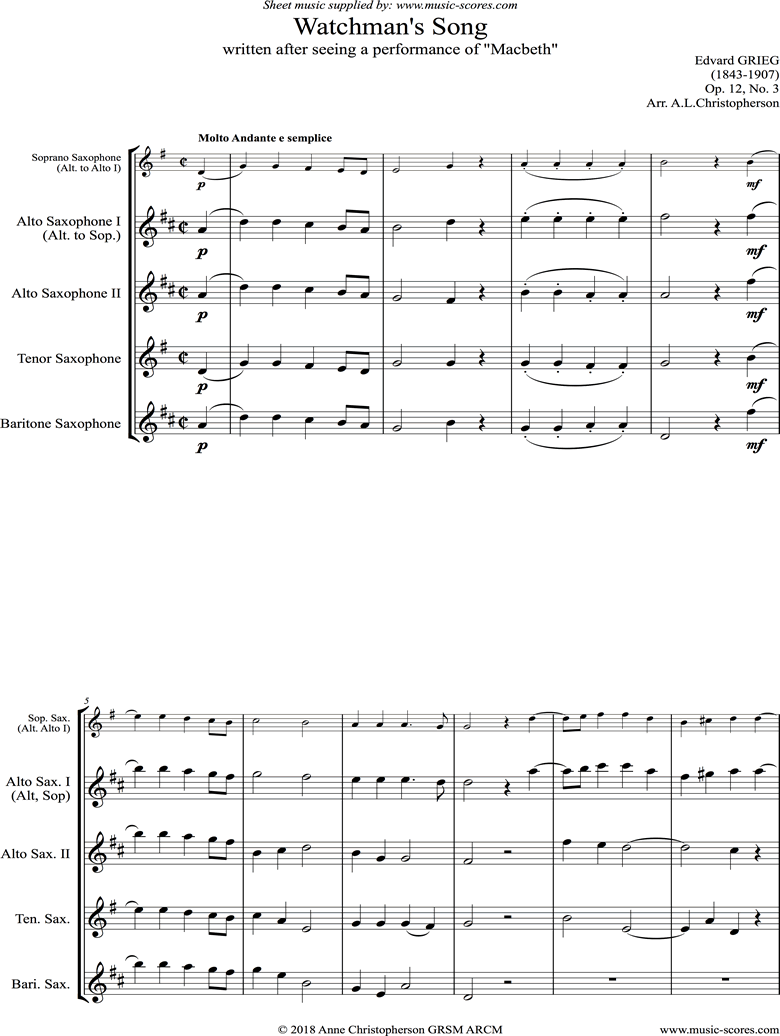 Front page of Op.12, No.3: Watchmans Song: Saxophone Quartet sheet music