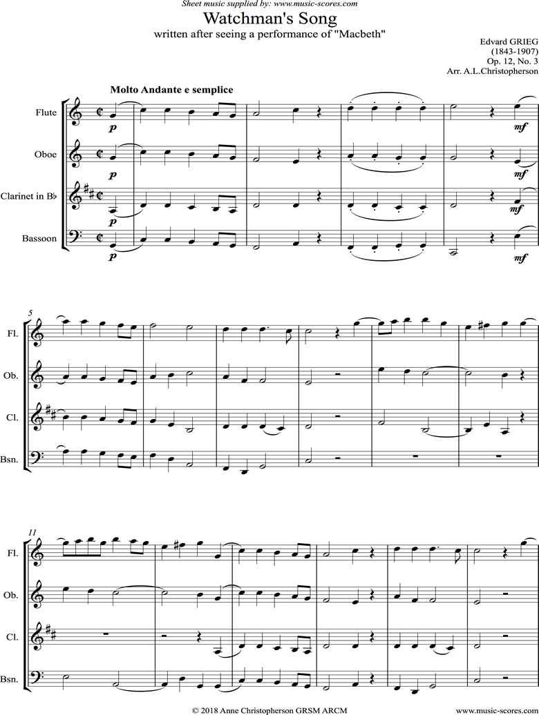 Front page of Op.12, No.3: Watchmans Song: Wind Quartet sheet music