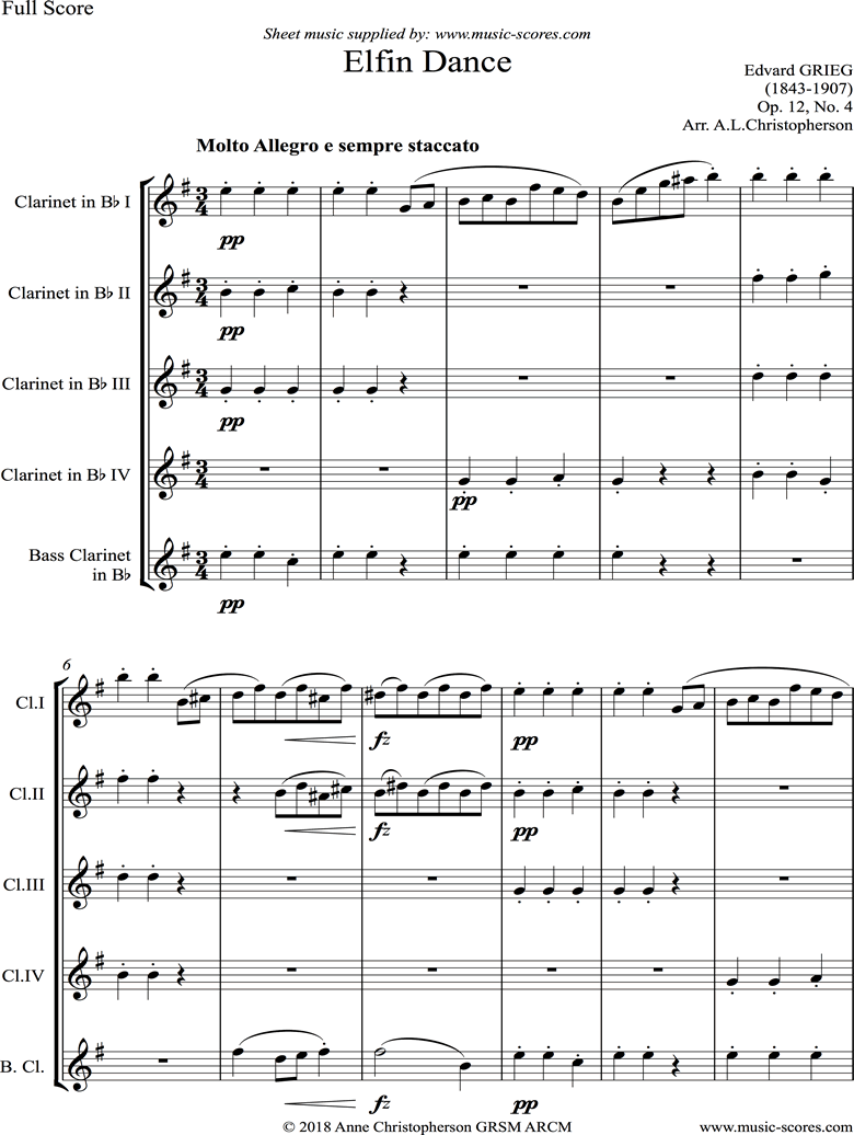 Front page of Op.12, No.4: Fairy Dance: Clarinet Quintet sheet music