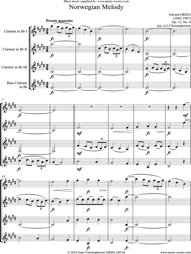 Front page of Op.12, No.6: Norwegian Melody: Clarinet Quartet sheet music