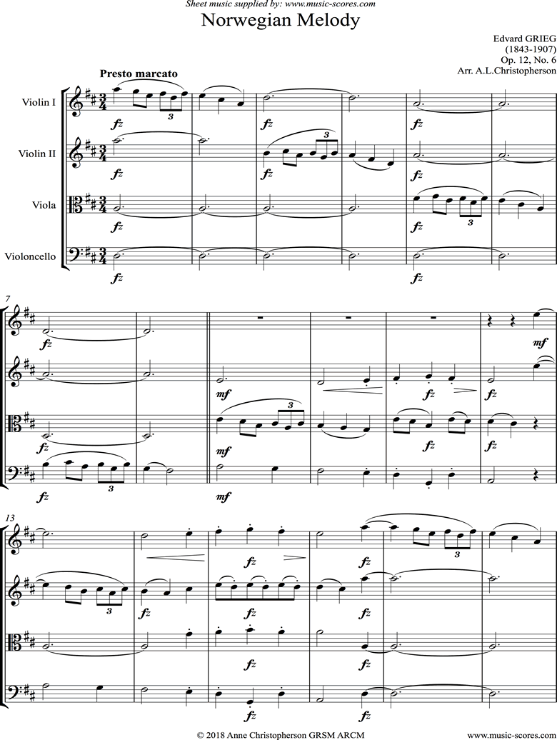 Front page of Op.12, No.6: Norwegian Melody: String Quartet sheet music