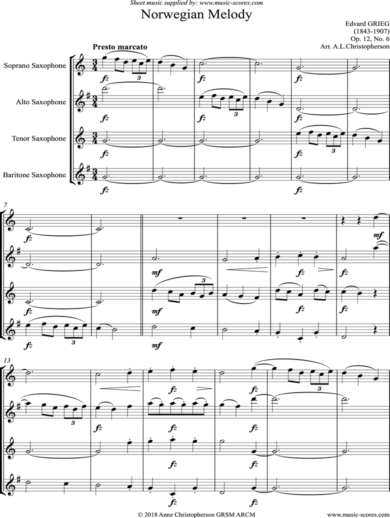 Front page of Op.12, No.6: Norwegian Melody: Sax Quartet sheet music