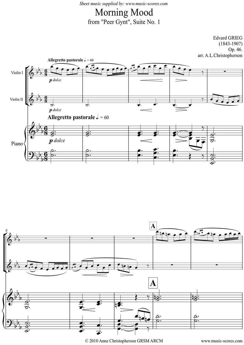 Front page of Op.46: Morning Mood: Peer Gynt No1: 2 Violins, Piano sheet music
