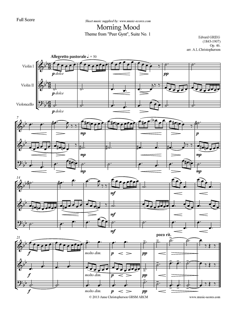 Op 46 Morning Mood Peer Gynt No 1 Short 2 Violins Cello Sheet Music By Edvard Hagerup Grieg