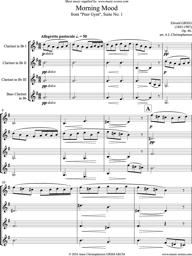 Front page of Op.46: Morning Mood: Peer Gynt No.1: 3 Clarinets, Bass Clarinet sheet music