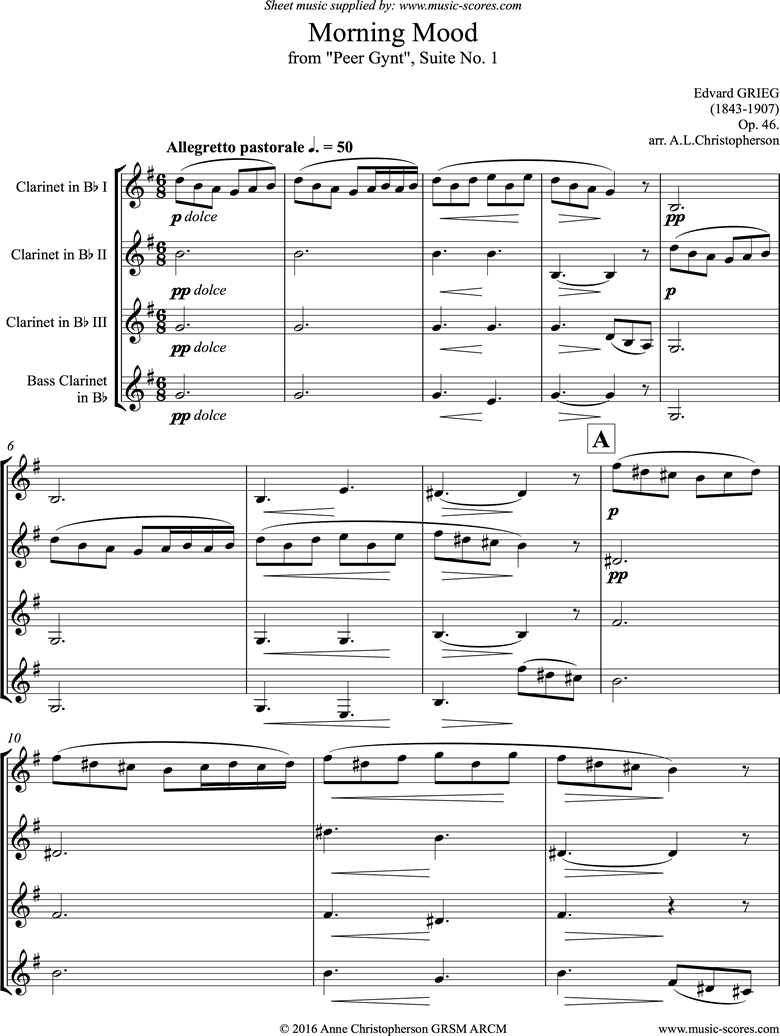 Op.46: Morning Mood: Peer Gynt No.1: 3 Clarinets, Bass Clarinet by Grieg
