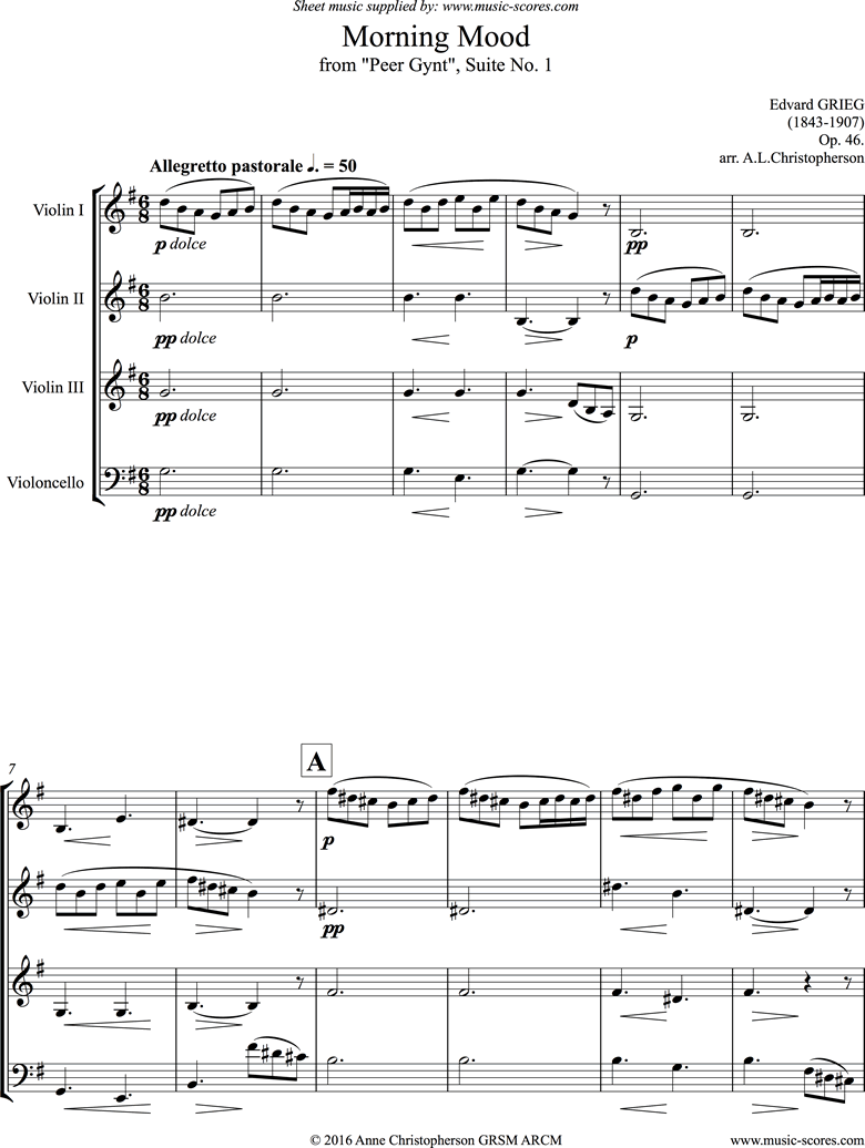 Front page of Op.46: Morning Mood: Peer Gynt No.1: 3 Violins, Cello sheet music