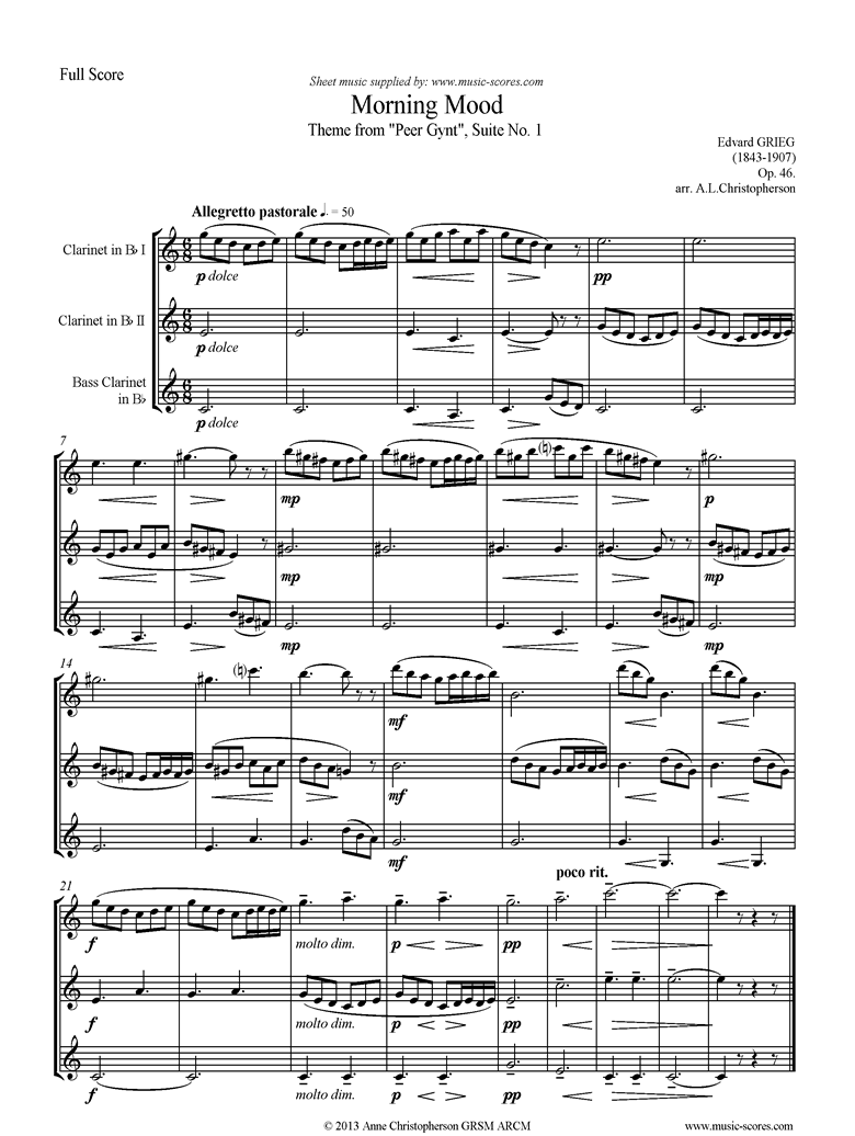 Op.46: Morning Mood: Peer Gynt No.1: Short: 2 Clarinets, Bass Clarinet by Grieg