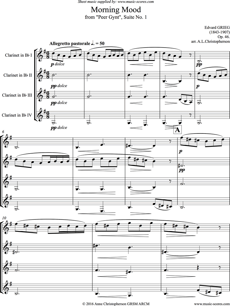 Op 46 Morning Mood Peer Gynt No 1 4 Clarinets Sheet Music By Edvard Hagerup Grieg