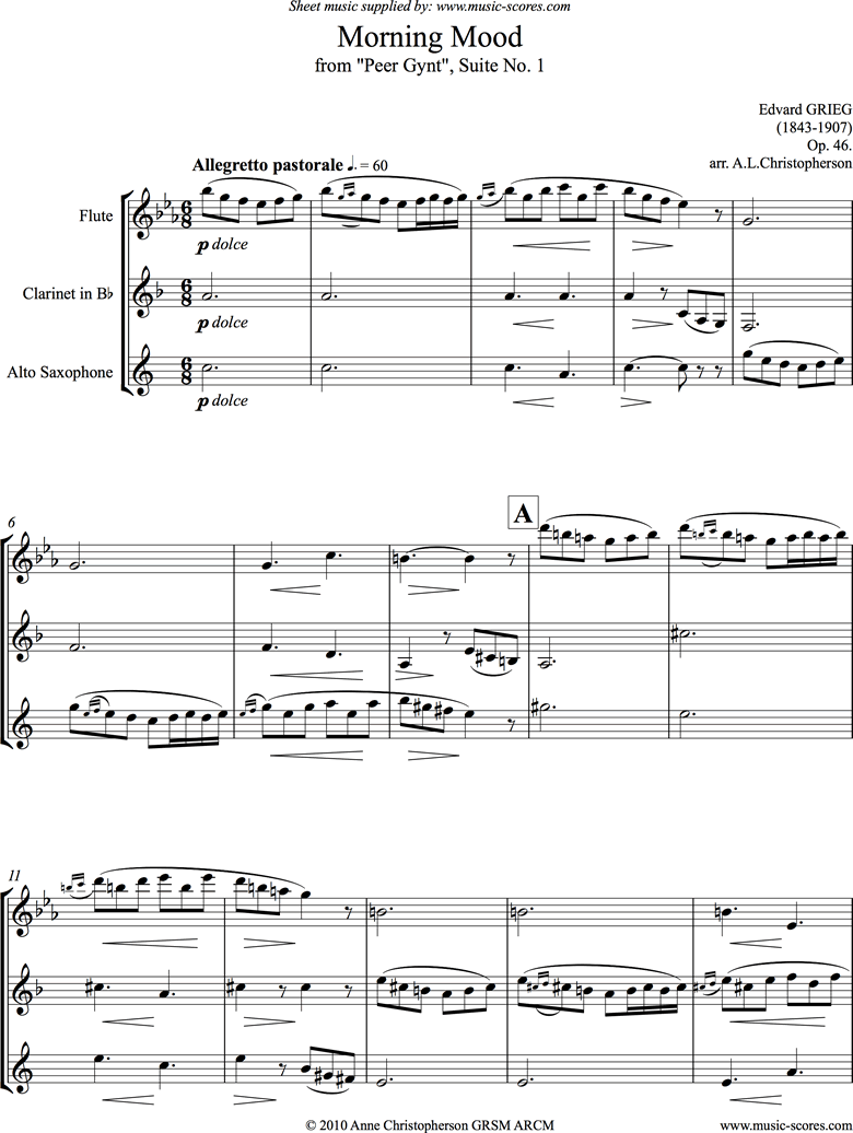 Front page of Op.46: Morning Mood: Peer Gynt No.1: Fl, Cl, Asx sheet music