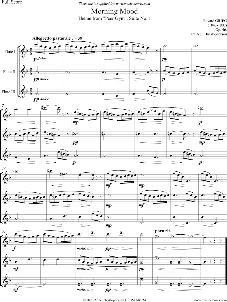 Front page of Op.46: Morning Mood: Peer Gynt No.1: Short: 3 Flutes sheet music