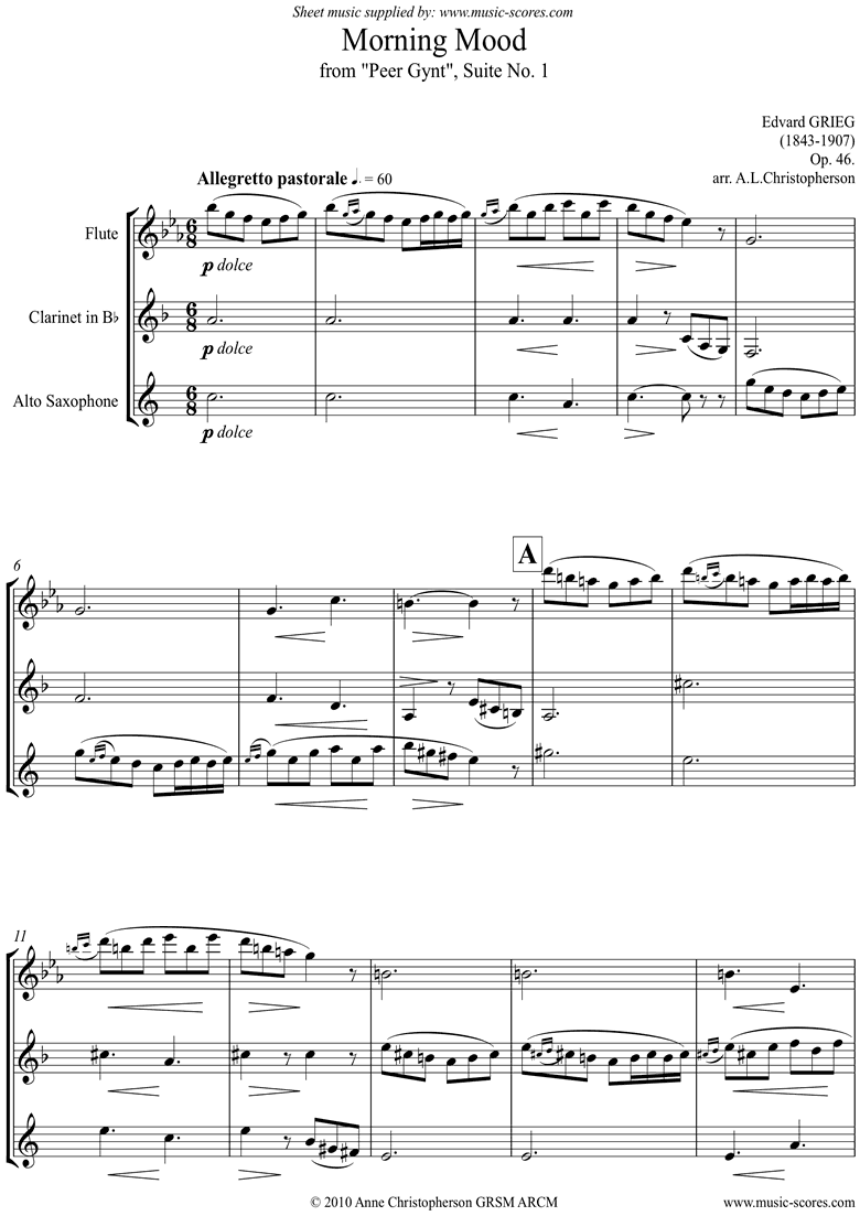 Op.46: Morning Mood: Peer Gynt No1: Fl Cl Asx hard by Grieg