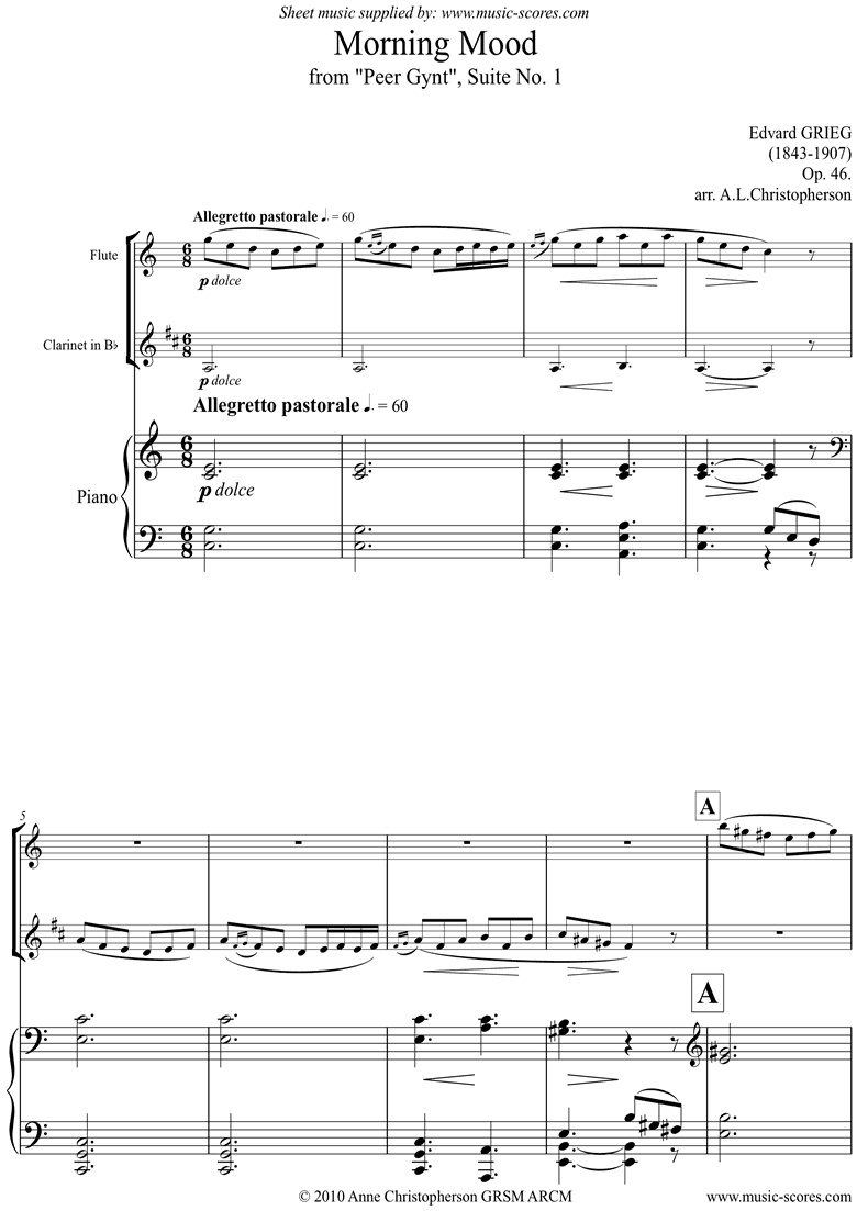 Front page of Op.46: Morning Mood: Peer Gynt No1: Fl, Cl, Pno sheet music