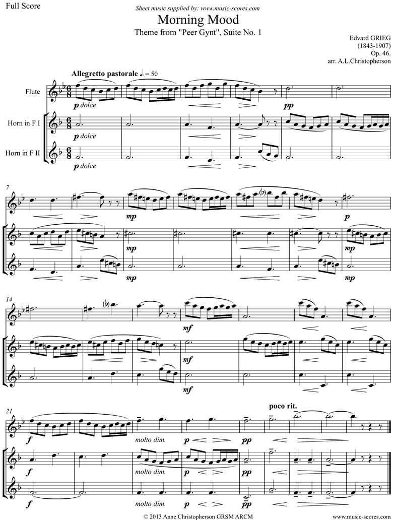 Front page of Op.46: Morning Mood: Peer Gynt No.1: Mixed 3: Flute, 2 Horns sheet music