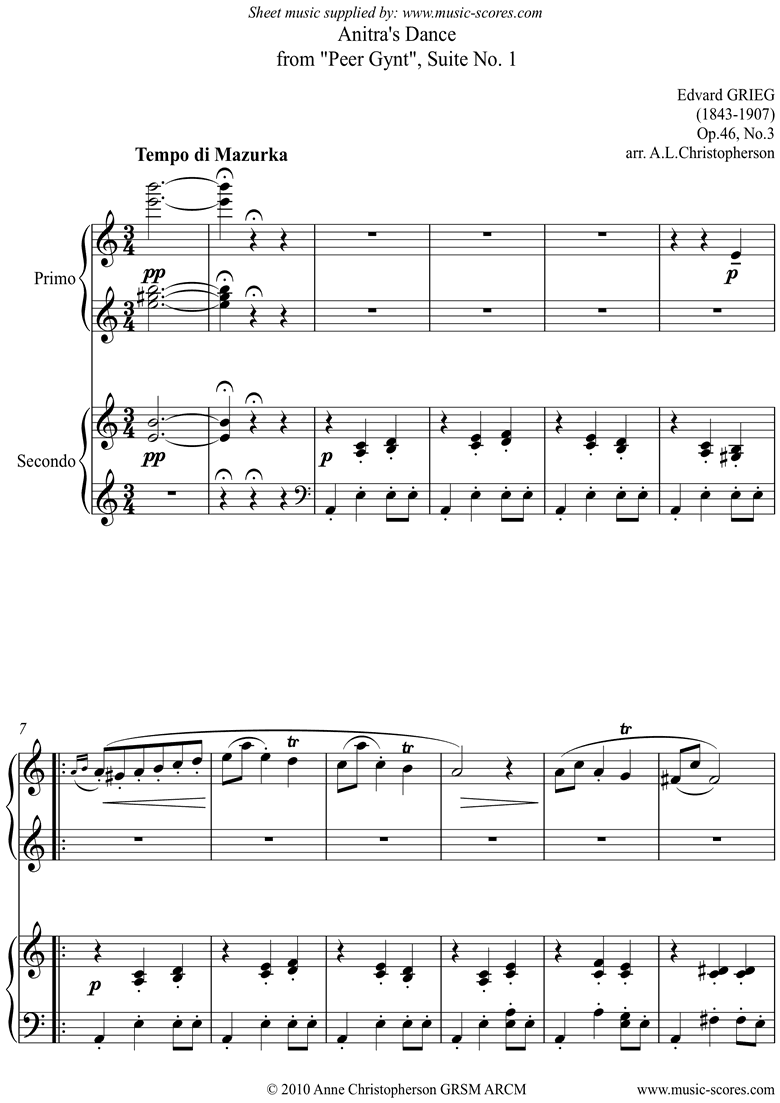 Op.46: Anitras Dance: Peer Gynt No.3: Piano Duet by Grieg