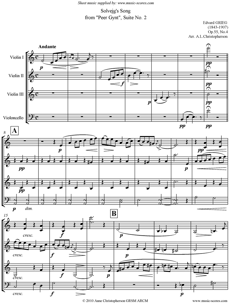 Op.55: Solvejgs Song: Peer Gynt No.4: 3vns vc by Grieg
