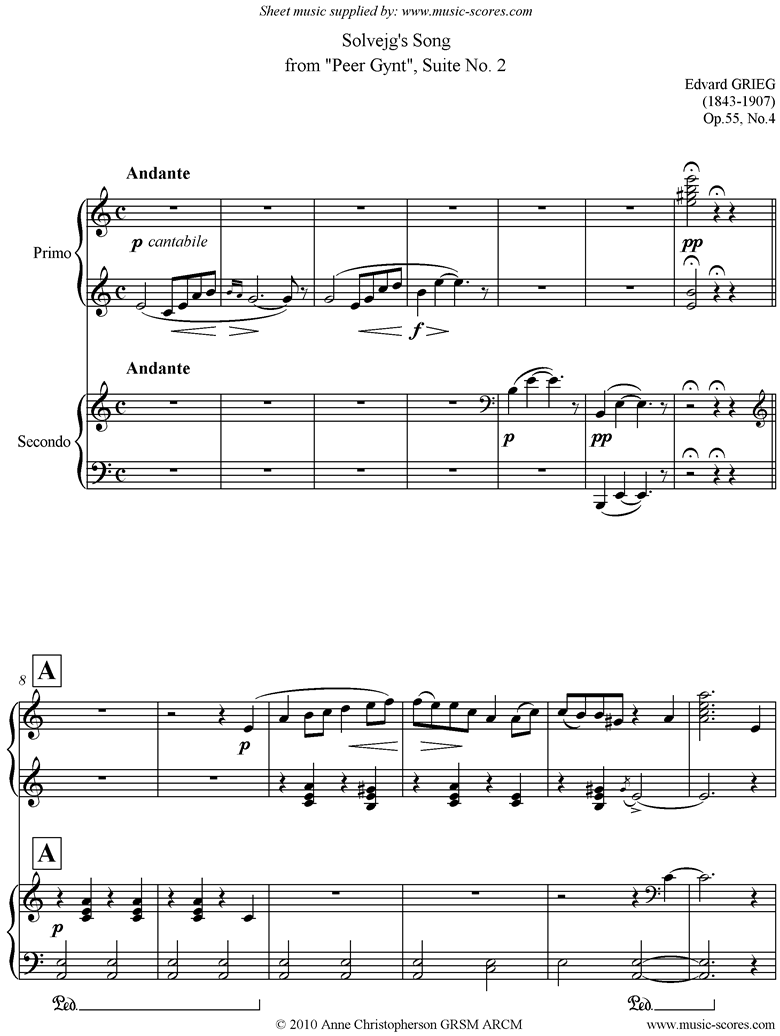 Op.55: Solvejgs Song: Peer Gynt No.4: Piano Duet by Grieg