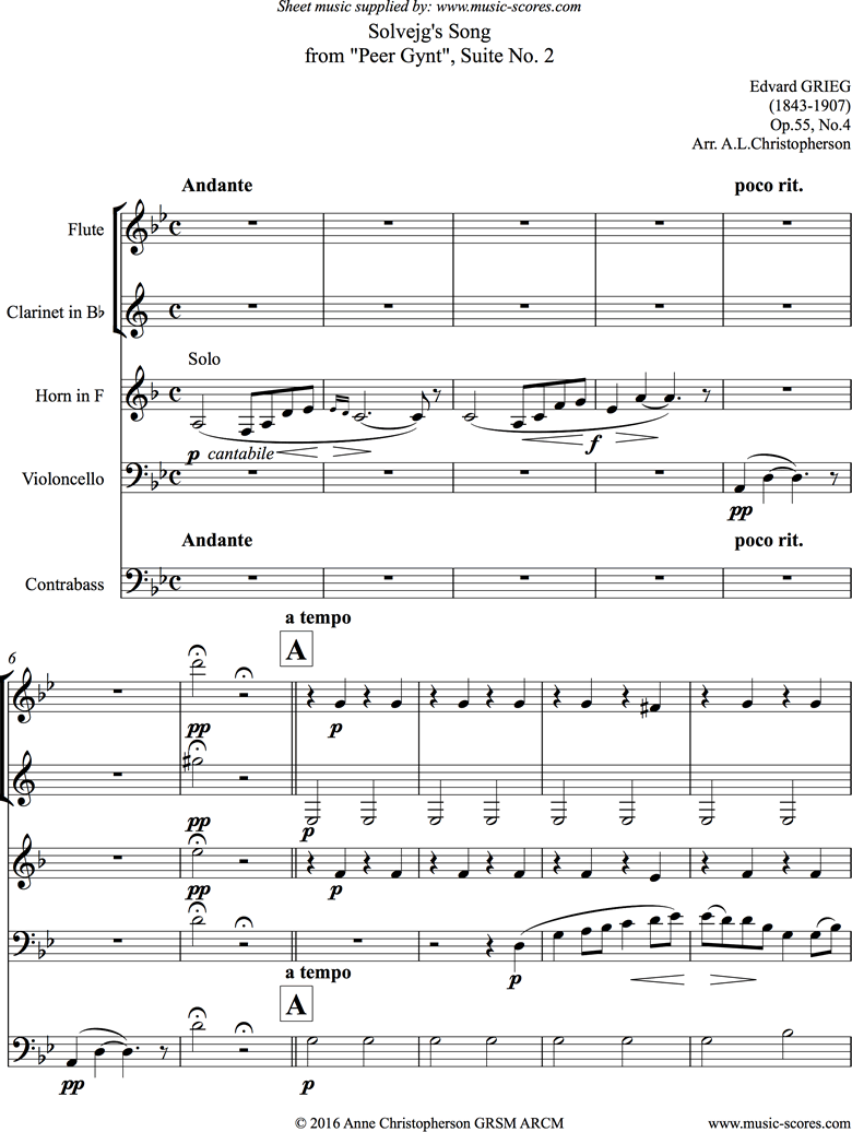  Op.55: Solvejgs Song: Peer Gynt No.4:Flute, Clarinet, Horn, Cello, Double Bass by Grieg