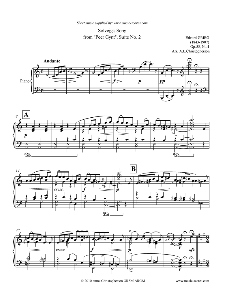 Op.55: Solvejgs Song: Peer Gynt No.4: Piano by Grieg