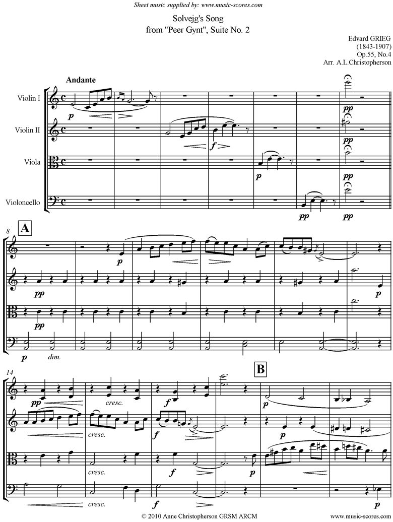 Front page of Op.55: Solvejgs Song: Peer Gynt No.4: String 4 sheet music