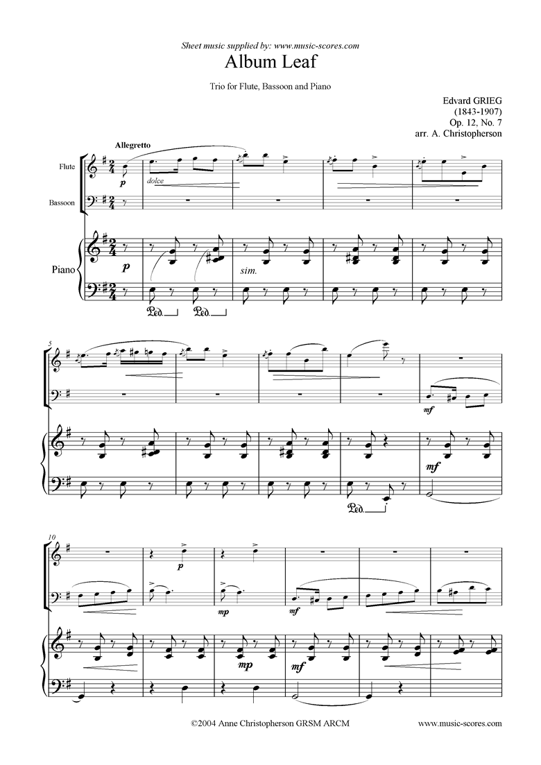 Front page of Op.12, No.7: Album Leaf. Woodwind and piano trio sheet music
