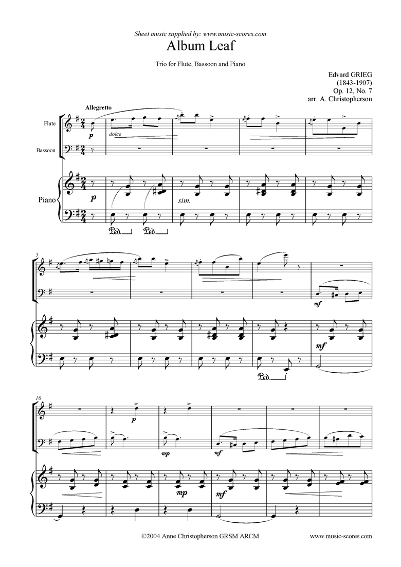 Op.12, No.7: Album Leaf. Woodwind and piano trio by Grieg