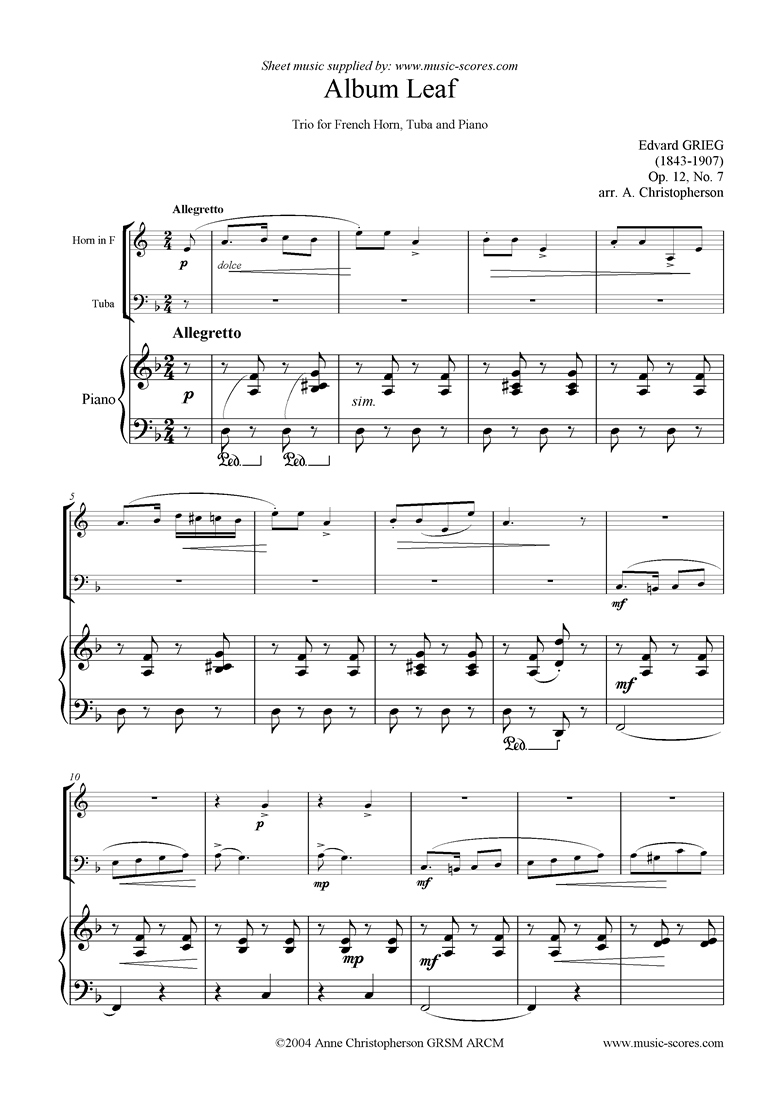 Op.12, No.7: Album Leaf. Brass and piano trio by Grieg