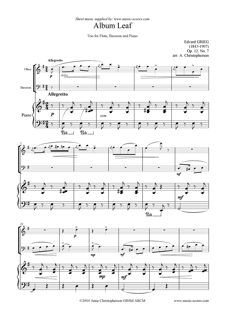 Op.12, No.7: Album Leaf. Oboe, Bassoon and Piano by Grieg