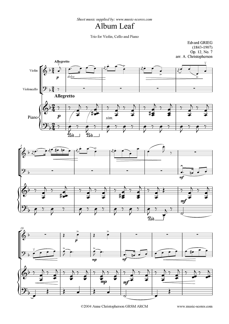 Front page of Op.12, No.7: Album Leaf. Strings and piano trio sheet music