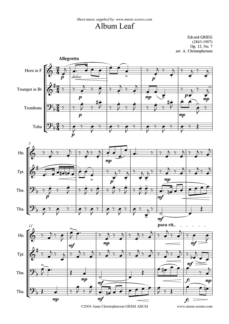 Front page of Op.12, No.7: Album Leaf.  Brass quartet sheet music