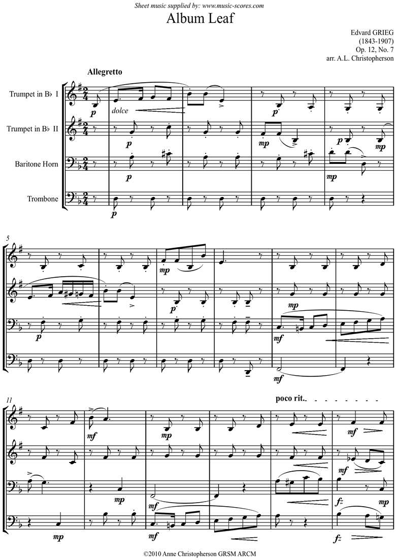 Front page of Op.12, No.7: Album Leaf. 2 Tpts, Tbn, Bari Horn sheet music