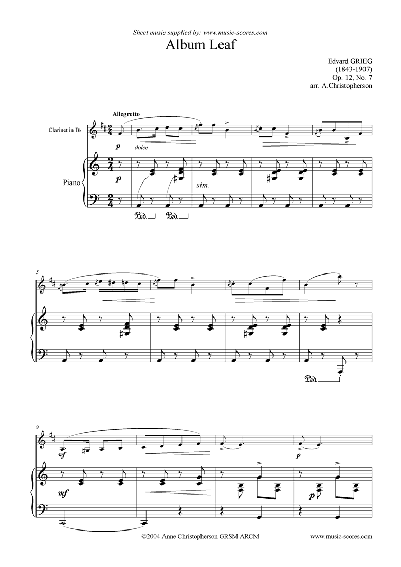 Front page of Op.12, No.7: Album Leaf. Clarinet sheet music