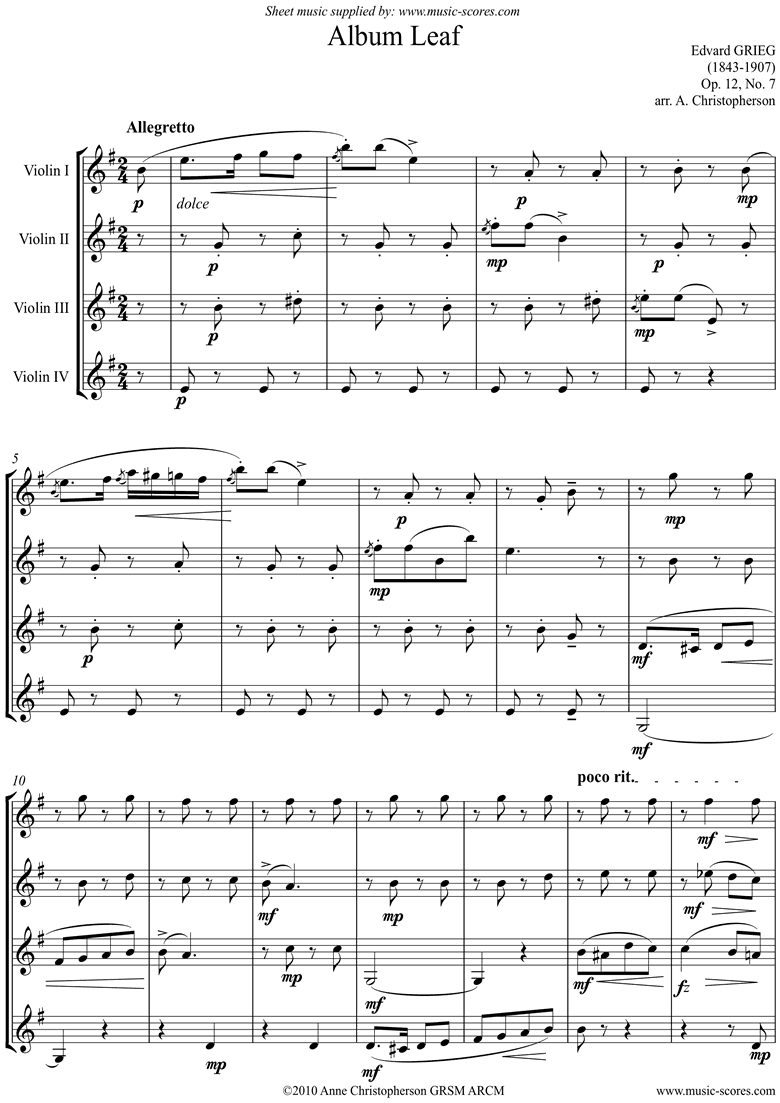 Front page of Op.12, No.7: Album Leaf. 4 Violins sheet music