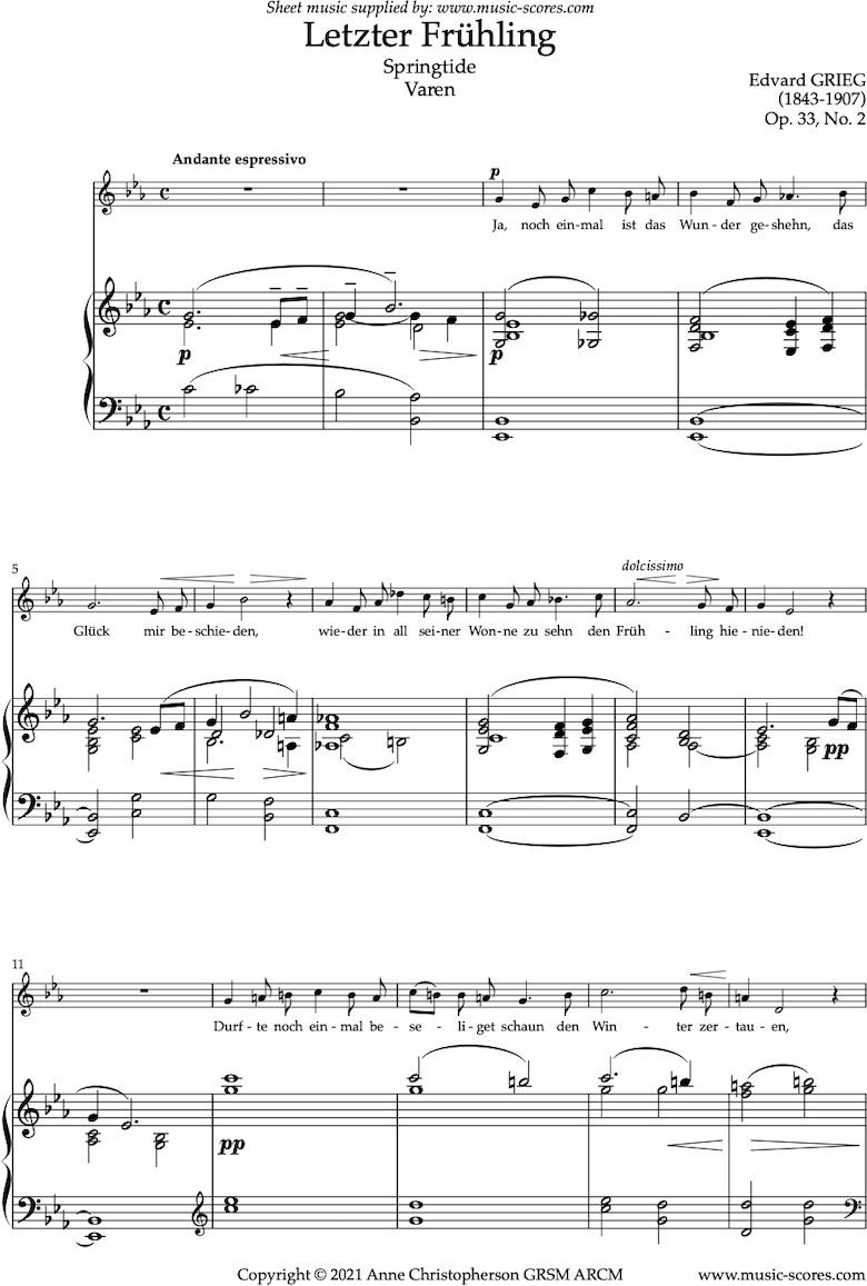 Preview of Op.33, No.2 Varen, or Springtide, or Letzter Fruhling. Voice, Eb by Grieg Front page of Op.33, No.2: Varen, or Springtide, or Letzter Fruhling. Voice, Eb sheet music