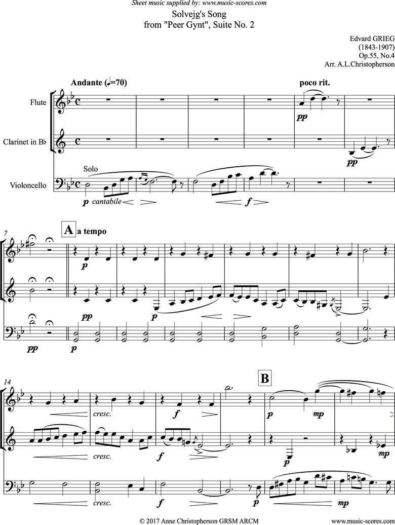 Op.55: Solvejgs Song: Peer Gynt No.4: Fl Cl Vc Pno by Grieg