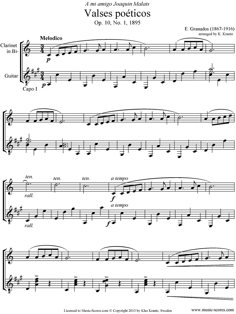 Front page of Valses Poeticos: Op.10 No.1: Clarinet, Guitar sheet music