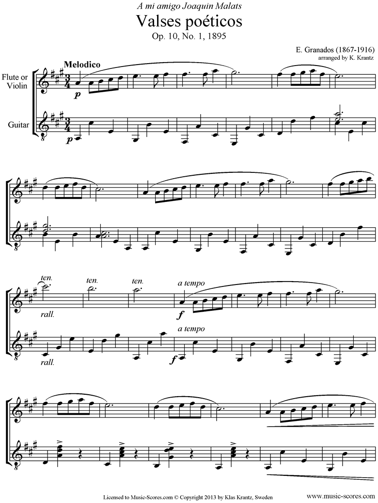 Front page of Valses Poeticos: Op.10 No.1: Flute, Guitar sheet music