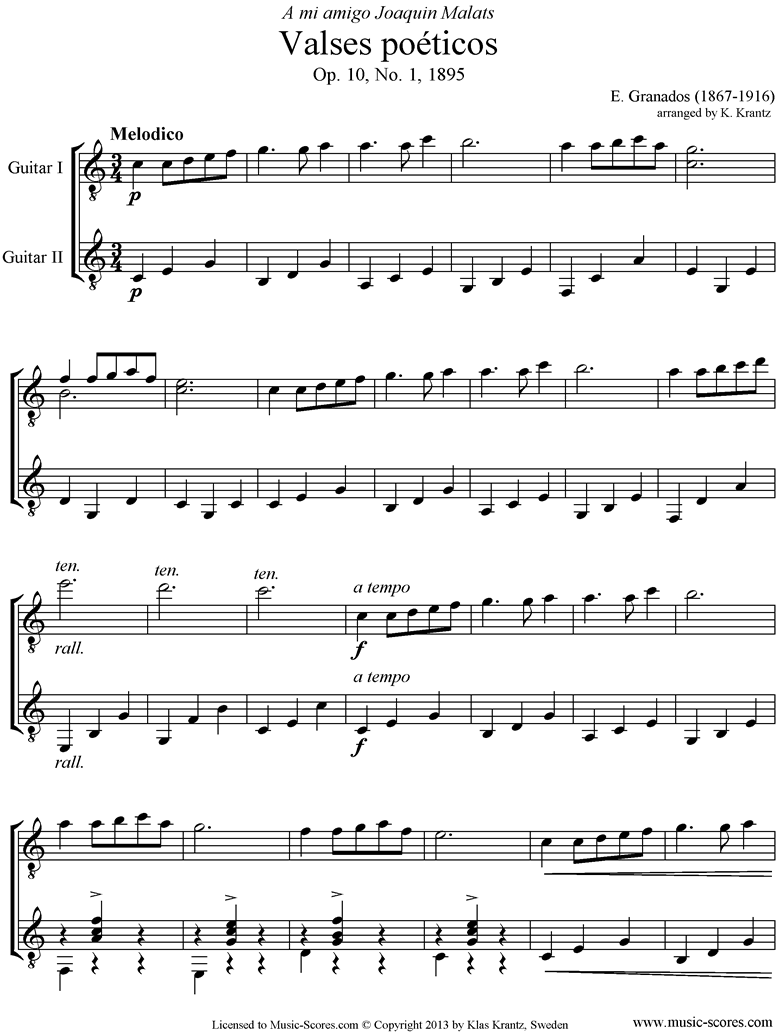 Front page of Valses Poeticos: Op.10 No.1: 2 Guitars sheet music